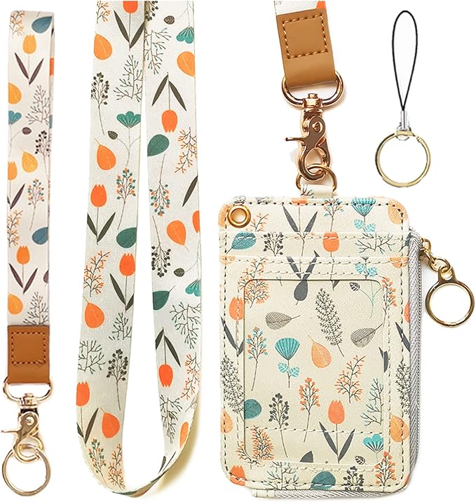 bolimoss Lanyard with Wallet,Zip ID Case with Lanyard,Lanyard Badge Holder,Lanyard Wallet for Women,Fashion Lanyard Wallet, ID Case Wallet with Lanyard（ Light Yellow Gray ）