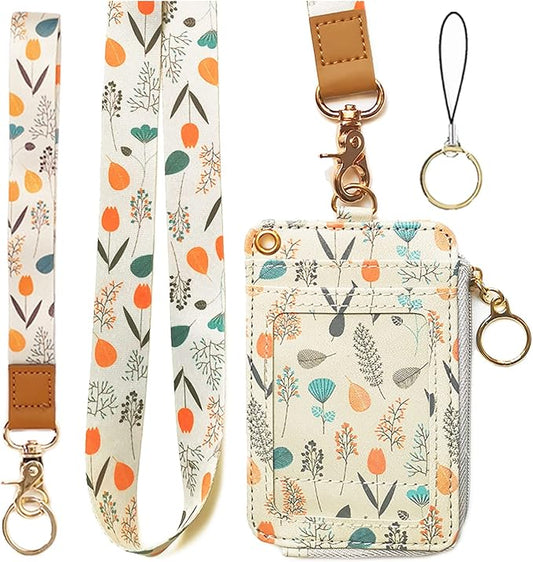 bolimoss Lanyard with Wallet,Zip ID Case with Lanyard,Lanyard Badge Holder,Lanyard Wallet for Women,Fashion Lanyard Wallet, ID Case Wallet with Lanyard（ Light Yellow Gray ）