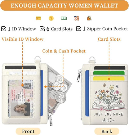 Hancynir Book Lover Floral Flower Slim Wallet Women Credit Card Holder, RFID Blocking Front Pocket Wallet Wristlet Keychain Lanyard, Small Cute Mini Card Case, Thin Travel Zipper Coin PU Leather Gifts