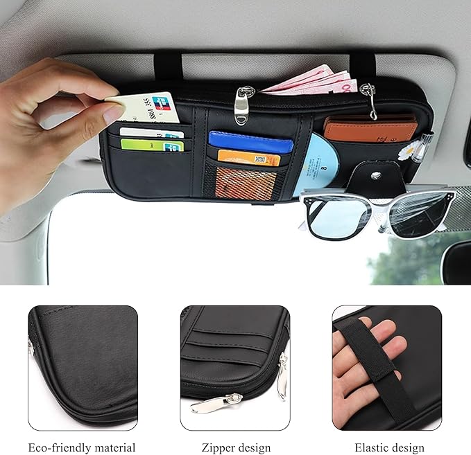 Car Sun Visor Organizer, Leather Multi-Pocket Visor Organizer Pouch with Double Zippers Net, Sunglass Holder Storage Pocket for License Pen Key Card Registration Document (Black)