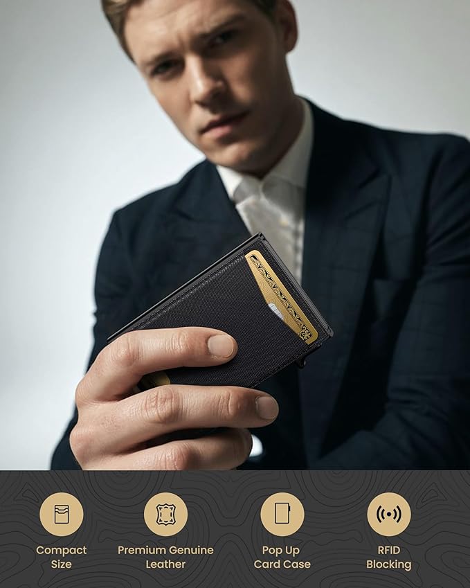 typecase Flip Pop Up Wallet for Men Card Holder: Smart Privacy & lD Display Mode, RFID Blocking, Slim Genuine Leather, Minimalist Front Pocket - 8 Cards Capacity | ID Window | Money Clip (Black)