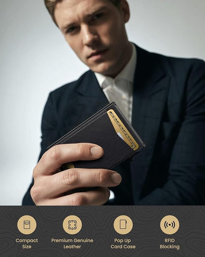 typecase Flip Pop Up Wallet for Men Card Holder: Smart Privacy & lD Display Mode, RFID Blocking, Slim Genuine Leather, Minimalist Front Pocket - 8 Cards Capacity | ID Window | Money Clip (Black)