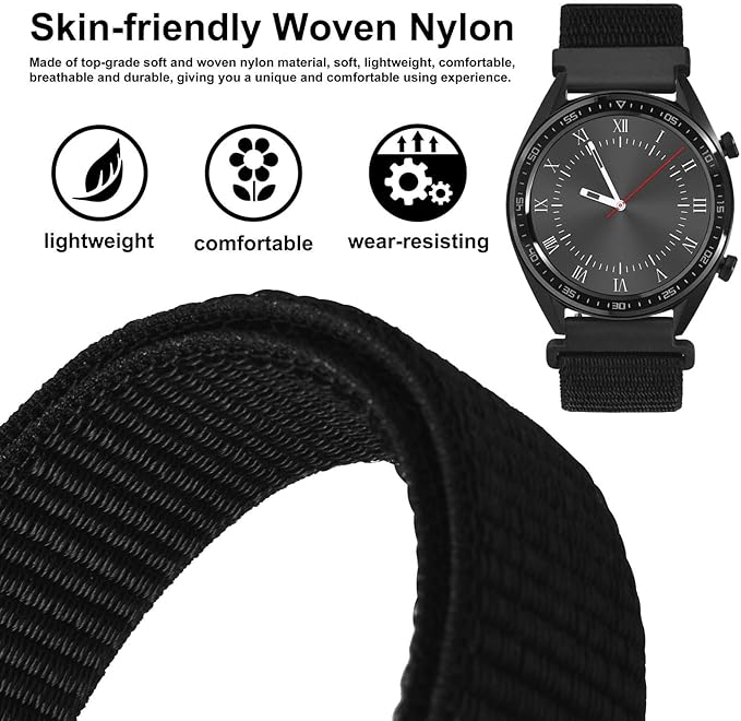 WOCCI 19mm Adjustable Nylon Watch Band, Quick Release Sport Loop Strap (Black)