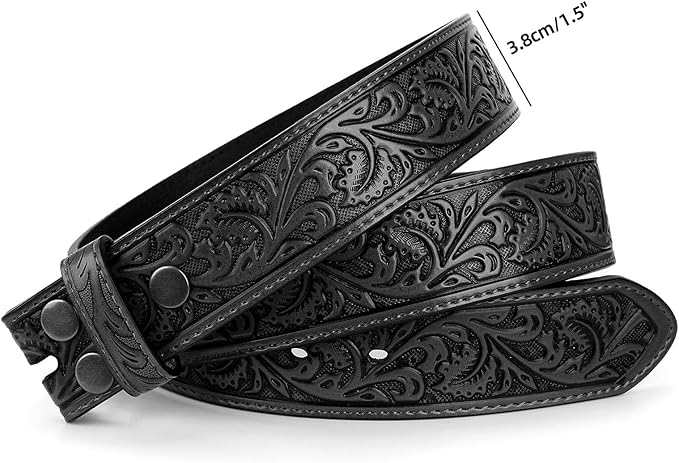 TRIWORKS Western Belt Strap for Men without Buckle 1.5" Wide Floral Engraved Embossed Leather Belt Strap