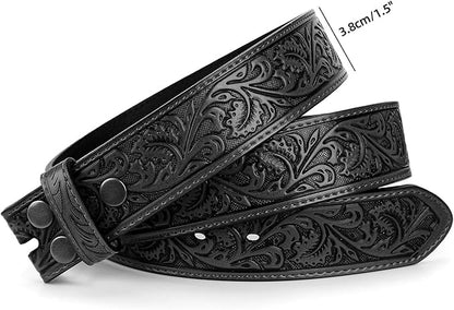 TRIWORKS Western Belt Strap for Men without Buckle 1.5" Wide Floral Engraved Embossed Leather Belt Strap