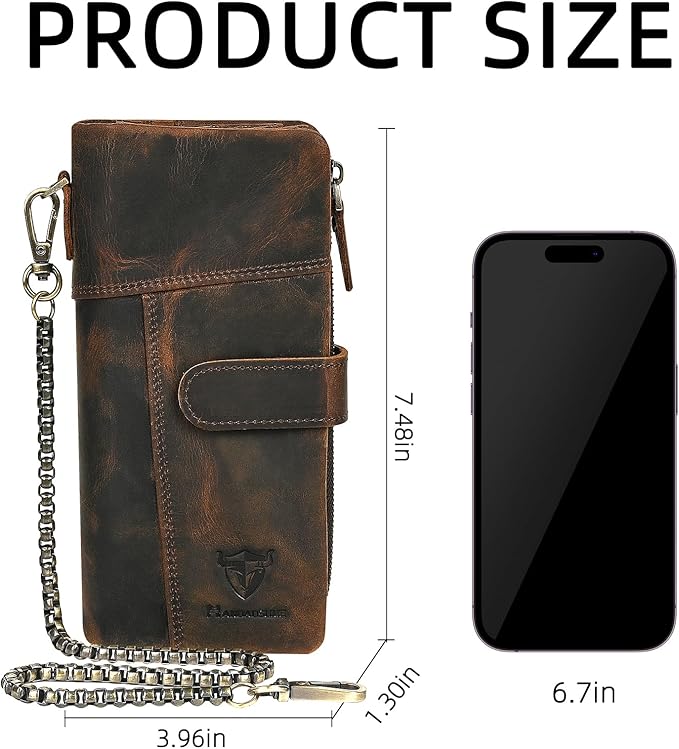 Genuine Crazy Horse Leather Travel Gift Coin Pocket Card Case Long Organizer Chain Rfid Wallet Purse With Snap For Men Male 1803 1815 (1803B-Brown)