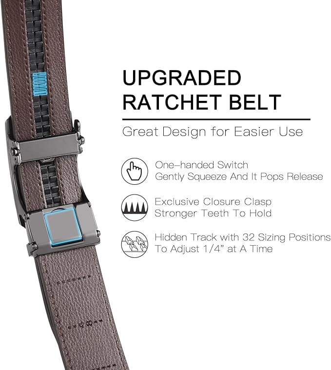 SENDEFN Men's Leather Belt Automatic Ratchet Buckle Slide Belt for Dress Casual Trim to Fit with Gift Box