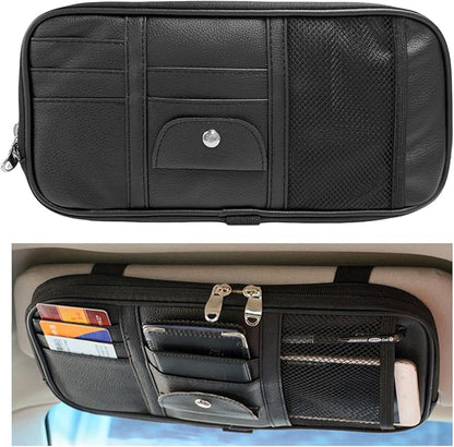 DXNQ Car Sun Visor Organizer, Double Zipper Leather Visor Storage Pouch with Multi-Pocket, Sunglass Holder Storage Pocket with Elastic Band for Cars SUVs Trucks, Car Accessories (Black)