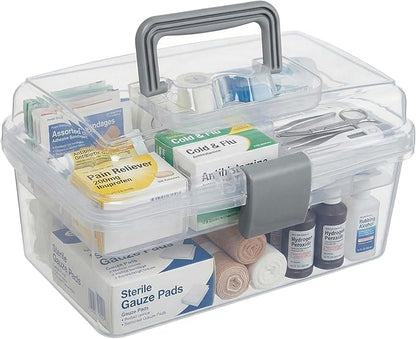 MyGift 10.2 Inch Transparent Plastic Empty Multipurpose Tackle Box with Gray Handle and Removable Tray for Tools, First Aid, Sewing Kit, Arts Crafts Supplies Storage