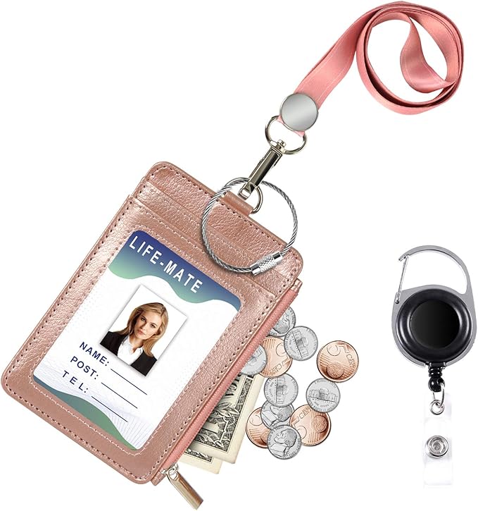 Badge Holder with Zipper, Life-Mate PU Leather ID Badge Card Holder Wallet Case with 5 Card Slots Zipper Pocket 19" Polyester Neck Lanyard Heavy Duty Metal Retractable Badge Reel (Rose Gold)