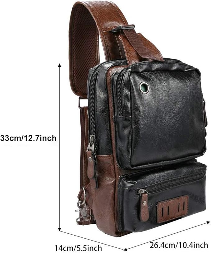 Men's Lightweight PU Leather Sling Bag - Breathable Crossbody Pack with USB Charging Port & 6 Pockets, Easy Access Organizer for Tablet/Gym Essentials - Commute, Travel, Work(Black)
