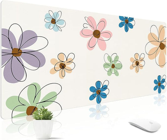 Mouse Pad Leather Desk Mat Large Keyboard Cute Office Desktop Computer Laptop XXL Long Big Aesthetic Modern Design Women Girls Gaming Gamer Oversized Wide Mousepad 31.5"x15.7", Line Flower