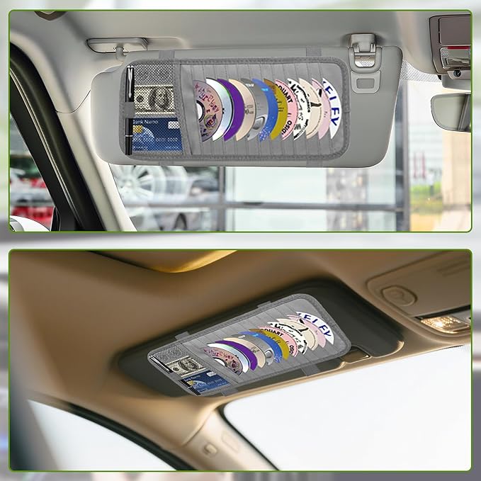 Car CD & DVD Holder - Large Capacity CD Visor Case, Vehicle Visor Storage Organizer with 12 Disc Sleeves, 1 Mesh Pocket 1 Pen Holder and & Elastic Band (Grey)