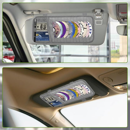 Car CD & DVD Holder - Large Capacity CD Visor Case, Vehicle Visor Storage Organizer with 12 Disc Sleeves, 1 Mesh Pocket 1 Pen Holder and & Elastic Band (Grey)