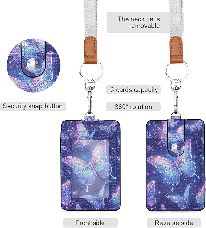 Badge Holder, Sparkle Butterfly Blue PU Leather School College Business ID Badge Card Holder Wallet Case with 1 Clear Window, 2 Credit Card Slots and Detachable Neck Lanyard - Vertical