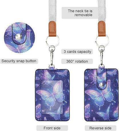 Badge Holder, Sparkle Butterfly Blue PU Leather School College Business ID Badge Card Holder Wallet Case with 1 Clear Window, 2 Credit Card Slots and Detachable Neck Lanyard - Vertical