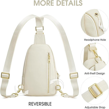 Kattee Sling Bag for Women, Leather Fanny Packs Crossbody Purse, Small Chest Bag with RFID Blocking, Beige