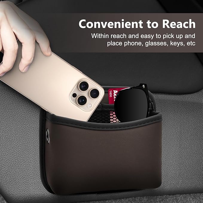 Car Seat Side Storage Pocket, Small Car Seat Organizers PU Leather Car Console Organizer Pocket Multifunctional Console Side Organizer Bag for Phone, Keys, Sunglass, Wallet (2Pack, Brown)