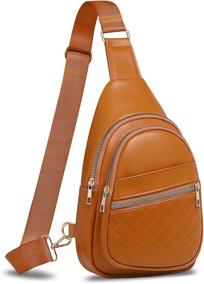 Crossbody Bags for Women Men,Leather Sling Bag Cross Body Backpack for Women, Casual Chest Bag Daypack for Travel Hiking, Brown