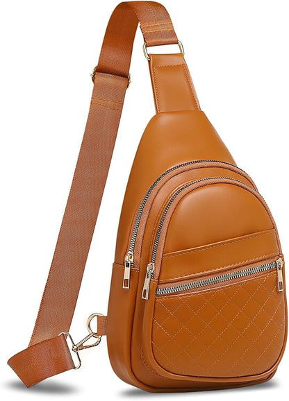 Crossbody Bags for Women Men,Leather Sling Bag Cross Body Backpack for Women, Casual Chest Bag Daypack for Travel Hiking, Brown