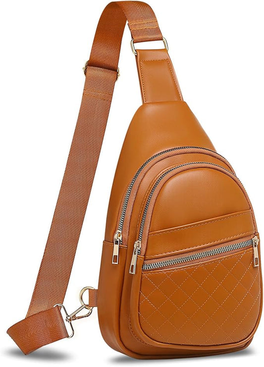Crossbody Bags for Women Men,Leather Sling Bag Cross Body Backpack for Women, Casual Chest Bag Daypack for Travel Hiking, Brown