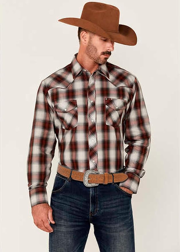 Mealah Vintage Western-Cowboy-Belt for Women Men - Carved Buckle PU Leather Waist Belts (for Waist 28"-38")