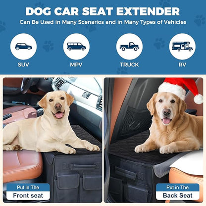 Back Front Seat Extender for Large Dogs Up to 200 Lbs, Adjustable Dog Back Seat Extender with Cushion & Storage Box, Car Organizer Gap Filler for Front or Back Seat