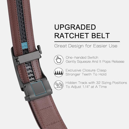 SENDEFN Men's Leather Belt Automatic Ratchet Buckle Slide Belt for Dress Casual Trim to Fit with Gift Box