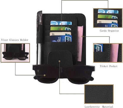 Artificial Leather Car Sun Visor Storage Glasses Organizer Bills Wallet Holder Ticket Credit Card Clips Auto-Interior Visor Accessories(Black)