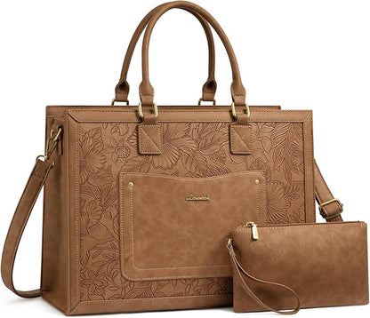 LOVEVOOK Laptop Tote Bag for Women, 15.6 Inch Work Bags, Vintage Leather Tote Bag, Waterproof Computer Bags with Clutch Purse, Large Capacity Messenger Bag for Teacher College Business Office