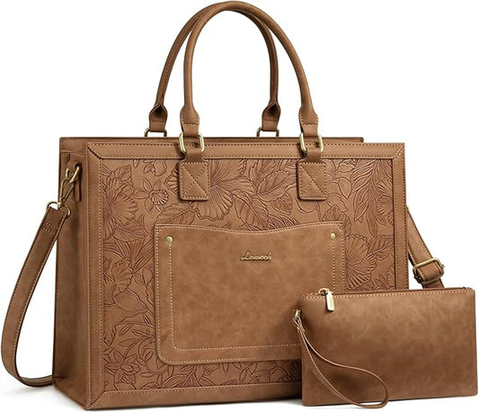 LOVEVOOK Laptop Tote Bag for Women, 15.6 Inch Work Bags, Vintage Leather Tote Bag, Waterproof Computer Bags with Clutch Purse, Large Capacity Messenger Bag for Teacher College Business Office