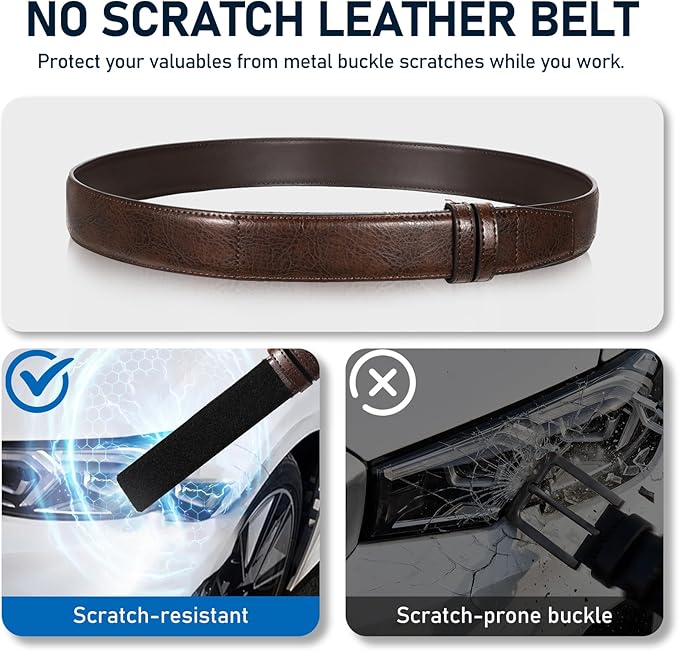 SANSTHS Mechanic Buckless Belts for Men, No Scratch Leather Work Belt Hook & Loop Tsa Belt for Technician Travel Gifts