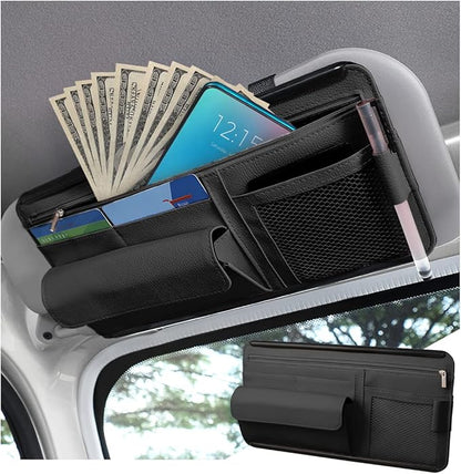 Car Sun Visor Organizer, Car Visor Pocket Wallet Pouch Holder, Vehicle Sunshade Glasses Case Storage Bag with Multi-Pocket Net Zipper, Auto Interior Accessories Universal for SUV Truck Van (Black)