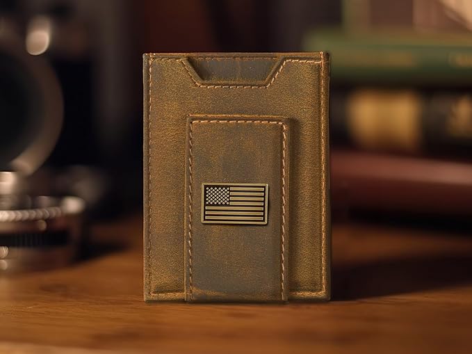 ZEP-PRO American Flag Vintage Tan Leather Magnetic Front Pocket Wallet, Slim Stylish for Men