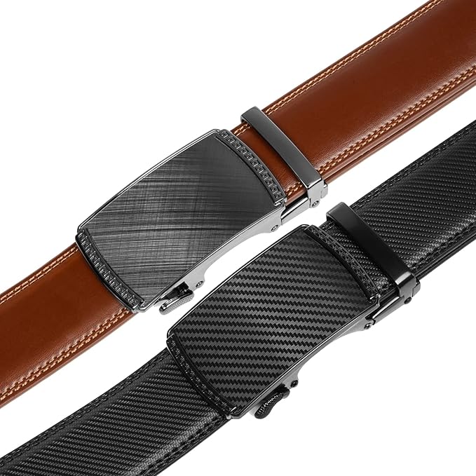 Founders & C Mens Belt 2 Pack,Leather Ratchet Click Belt Dress with Slide Buckle 1 3/8" in Gift Set Box- Size Adjustable