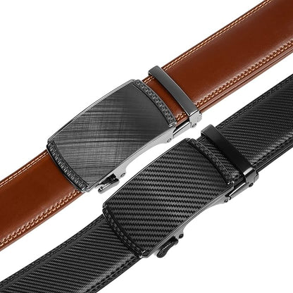 Founders & C Mens Belt 2 Pack,Leather Ratchet Click Belt Dress with Slide Buckle 1 3/8" in Gift Set Box- Size Adjustable