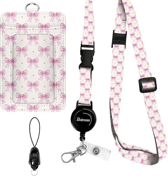 bolimoss Pink Bow Badge Holders, Cute PU Leather ID Card Name Bdge Holder with Detachable Neck Lanyard Strap and Retractable Badge Reel Metal Clip Sturdy Buckle for Key Wallet
