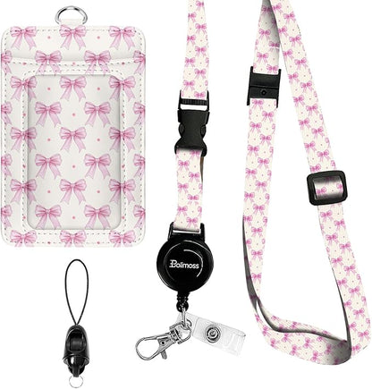 bolimoss Pink Bow Badge Holders, Cute PU Leather ID Card Name Bdge Holder with Detachable Neck Lanyard Strap and Retractable Badge Reel Metal Clip Sturdy Buckle for Key Wallet