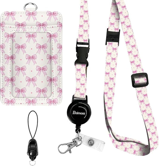 bolimoss Pink Bow Badge Holders, Cute PU Leather ID Card Name Bdge Holder with Detachable Neck Lanyard Strap and Retractable Badge Reel Metal Clip Sturdy Buckle for Key Wallet