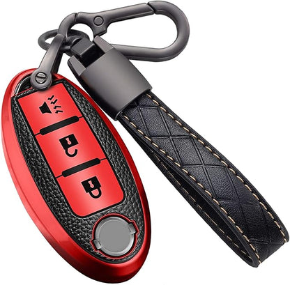 Montague Key Fob Cover for Nissan with Keychain Accessories, Premium TPU Full Protection Key Case for Pathfinder Rogue Kicks Murano Frontier Armada Versa Juke Titan Smart Key Shells (3-Buttons, Red)