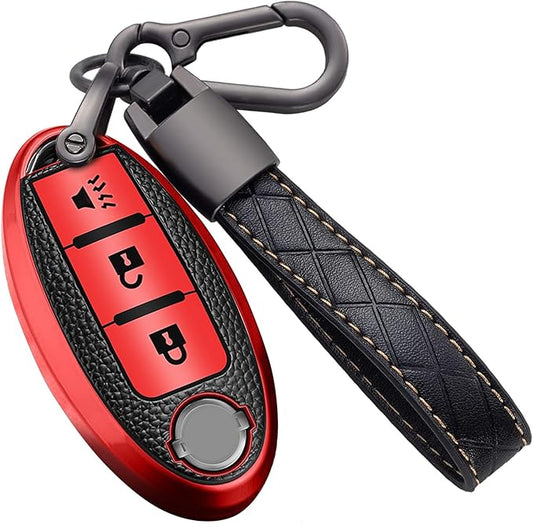 Montague Key Fob Cover for Nissan with Keychain Accessories, Premium TPU Full Protection Key Case for Pathfinder Rogue Kicks Murano Frontier Armada Versa Juke Titan Smart Key Shells (3-Buttons, Red)
