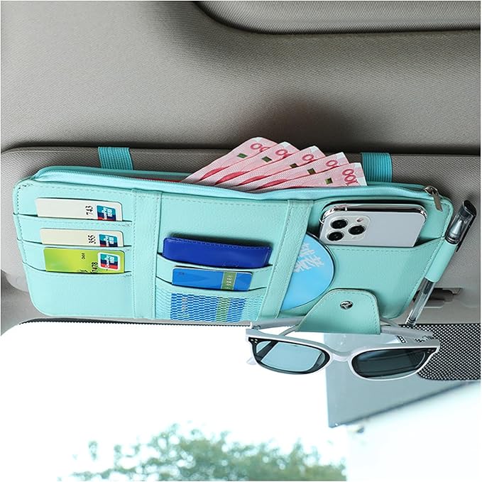 Augeny Car Sun Visor Organizer, Leather Personal Belonging Storage Pouch with Zipper, Car Visor Storage Pouch Sunglasses Holder, Auto Interior Accessories Pocket Organizers (Blue)