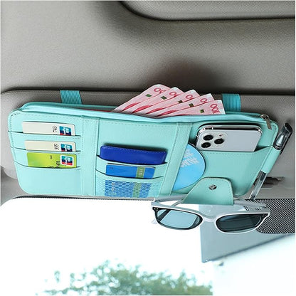 Augeny Car Sun Visor Organizer, Leather Personal Belonging Storage Pouch with Zipper, Car Visor Storage Pouch Sunglasses Holder, Auto Interior Accessories Pocket Organizers (Blue)