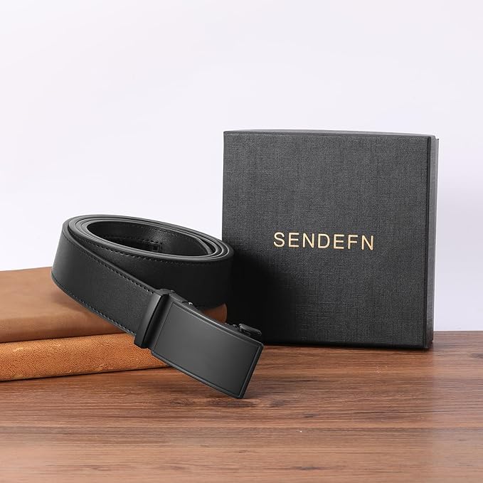 SENDEFN Men's Leather Belt Automatic Ratchet Buckle Slide Belt for Dress Casual Trim to Fit with Gift Box