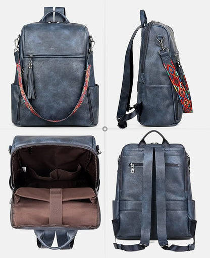FADEON Leather Laptop Backpack for Women Designer 15.6 inch PU Laptop Bag, Ladies Travel Computer Work Backpack Blue