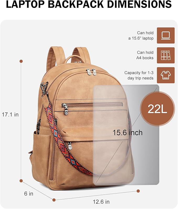 FADEON 15.6 inch Laptop Backpack Purse for Women Designer PU Leather Computer Backpacks Fashion for Work Travel Camel Brown
