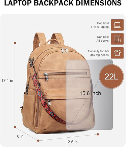 FADEON 15.6 inch Laptop Backpack Purse for Women Designer PU Leather Computer Backpacks Fashion for Work Travel Camel Brown