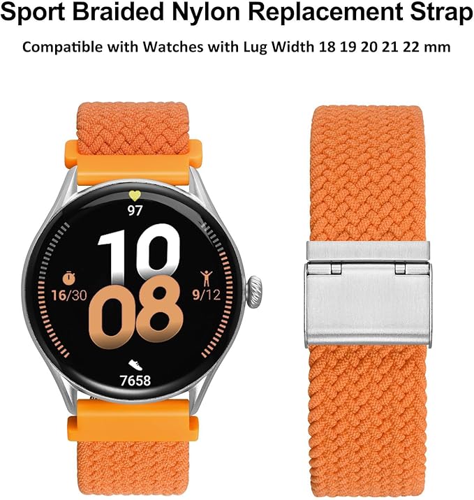 WOCCI 22mm Braided Nylon Watch Band for Men and Women, Quick Release, Silver Stainless Steel Buckle (Orange)