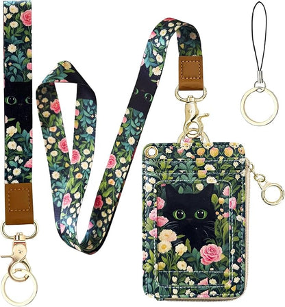 2-in-1 ID Badge Holder & Lanyard Wallet Cute Women Leather Zip ID Case Wallet with Breakaway Wrist Neck Lanyard, Clear Window, 5 Card Slots, Ring Keychain for Worker Teacher Floral Halloween Black Cat