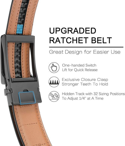 GAEKEAO Mens Belt Leather Micro-Adjust Buckle Ratchet Belts for Men Dress Casual to Formal Trim to Fit with Gift Box (35mm)